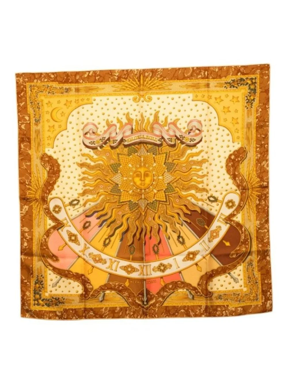Hermes Carre 90 Carpe Diem Enjoy Your Day Scarf Large Gold Multicolor Silk